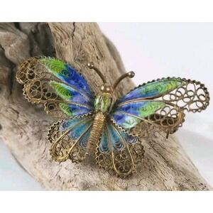 Alioto Adriano Italian Plique A Jour Butterfly Pin .800 Vermeil Silver Enamel